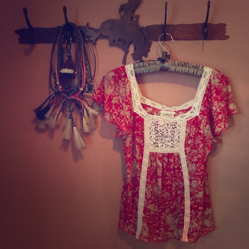 Red & Cream Lace Sheer Blouse, Small, Ralph Lauren